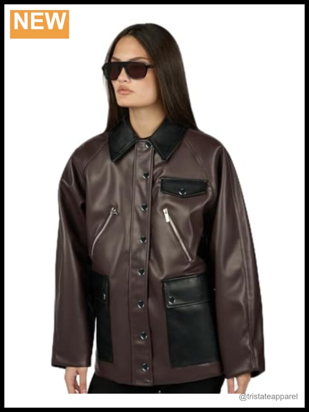 Womens Cocoon Leather Jacket Long Sleeve Zip Front